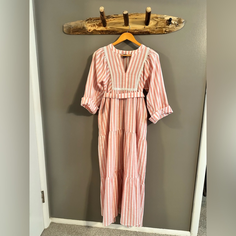 Pink Candy Striped Tiered Maxi Dress with Sash